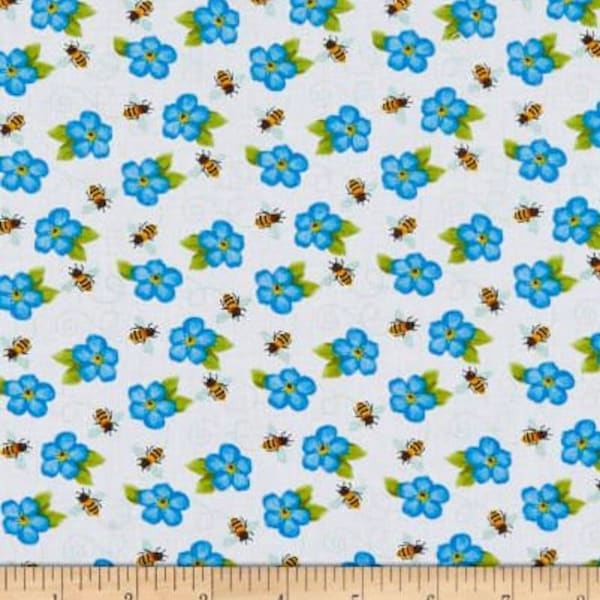 Morning Glories and Bumble Bees on Crisp White from Sunny Sunflowers Collection for Studio E Fabrics- 100% Cotton