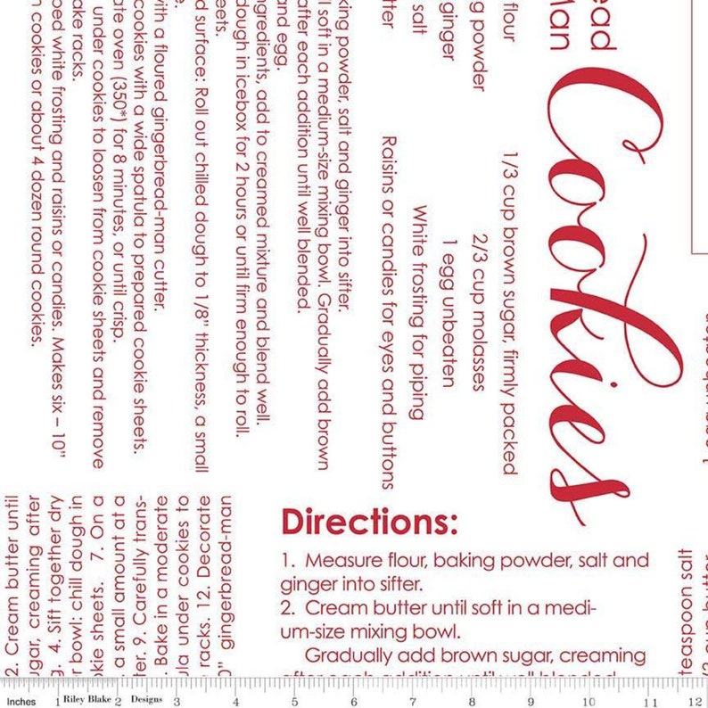 Cookie Recipe in White CONTINUOUS PANEL from Cozy Christmas Collection by Lori Holt for Riley Blake Fabric 100/% Quilt Cotton