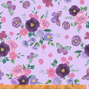Mariposas y flores en color lavanda de la colección In Bloom de Windham Fabrics: tela 100 % algodón