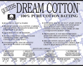 Natural Cotton Request KING BATTING (approx 120"x122") from Quilters Dream Batting- Made in the USA- 100% Cotton Thin Loft