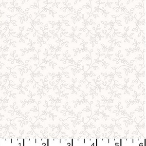 May include: White fabric with a repeating pattern of gray floral vines. The pattern is small and delicate.