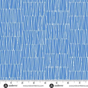 May include: Blue fabric with a white linear pattern. The design features vertical and diagonal white lines against a solid blue background. The fabric has a repeating pattern and is suitable for various sewing projects.