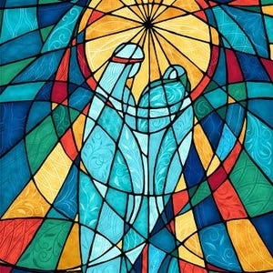 Könnte beinhalten: Ein Stoffpaneel mit einem Design im Buntglasstil, das zwei Figuren in hellblauen Gewändern vor einer hellgelben Sonne zeigt. Der Hintergrund besteht aus geometrischen Formen in Rot, Grün und Blau mit floralen Mustern. Text: PANEL SIZE 24" x 43".