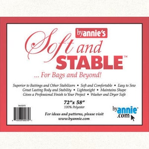 May include: A red and white label with the text "byannie's Soft and STABLE™ For Bags and Beyond!"  The label also includes the text "72"x 58" 100% Polyester" and "For ideas and patterns, please visit www.byannie.com".