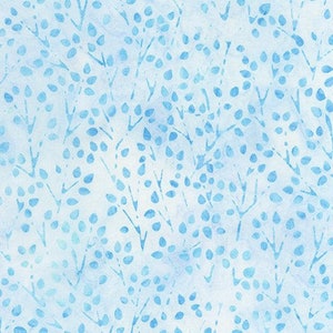 May include: A seamless pattern featuring a light blue watercolor design of leaves and branches on a white background.