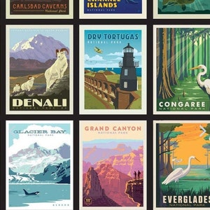 Affiches des parcs nationaux CONTINUOUS PANEL en noir (environ 60 x 50 cm) de la collection Parcs nationaux de Riley Blake Fabric