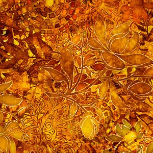 以下が含まれることがあります： 金、琥珀、茶色の色合いの、詳細な抽象的なパターン。 デザインは、様式化された花、葉、つるを含む、花柄と植物の要素を特徴とし、複雑なディテールとモザイクのような背景があります。 全体的な効果は暖かく、華やかです。
