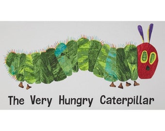 May include: A green caterpillar with red, yellow, and purple accents. The caterpillar is crawling across a white background. The text "The Very Hungry Caterpillar" is written below the caterpillar.