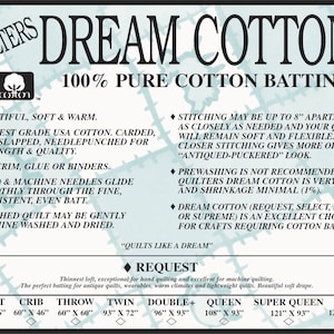 Cotone naturale Richiedi DOPPIA OVATTA (circa 93"x96") da Quilters Dream Batting - Prodotto negli USA - 100% cotone Thin Loft