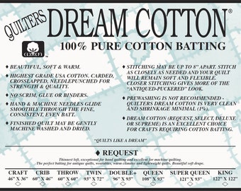 Natural Cotton Request DOUBLE BATTING (approx 93"x96") from Quilters Dream Batting- Made in the USA- 100% Cotton Thin Loft