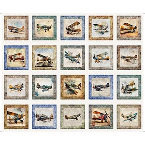 May include: A white fabric panel featuring 20 square watercolor illustrations of vintage airplanes. Each image is framed with a decorative border in shades of blue, brown, and green. The planes are depicted in various colors and styles.