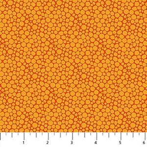 May include: Orange fabric with a repeating pattern of small, orange and red circles.