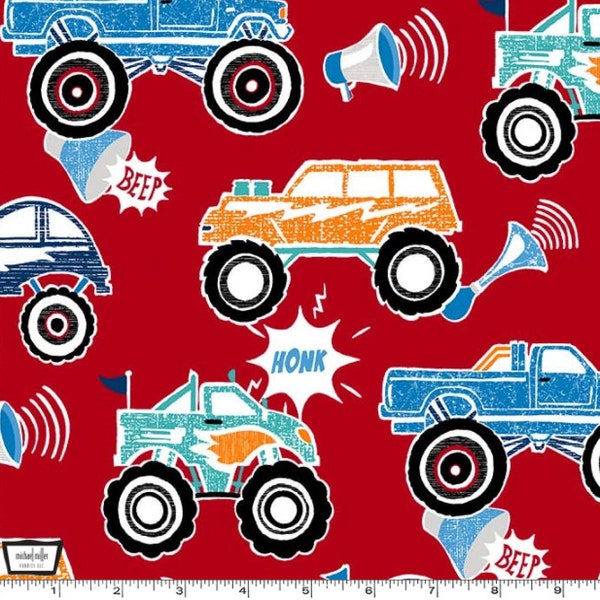 Monster Jam in Red from Monster Truck Collection by Michael Miller Fabrics- 100% High Quality Cotton- You Choose the Cut