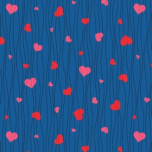 May include: A repeating pattern of red and pink hearts scattered across a deep blue background. Thin, wavy black lines run vertically, creating a textured effect. The hearts vary in size and are evenly spaced.