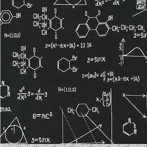 May include: A black and white graphic pattern with various mathematical formulas, chemical structures, and graphs. The pattern includes equations like y=sin(x), e=mc2, and dx/dy=d/dx. The background is black, and the pattern is white.