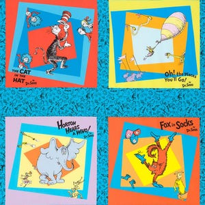 Dr. Seuss Buchblöcke in Blau aus der Celebreate Suess! Kollektion von Robert Kaufman - 100% Baumwolle