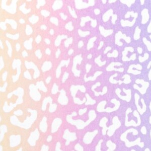 May include: A pastel-colored leopard print pattern. The design features white leopard spots against a gradient background of yellow, pink, and purple hues. The overall effect is soft and whimsical.
