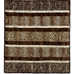 May include: A rectangular throw blanket with a faux fur leopard print design. The blanket features alternating horizontal stripes of leopard print, dark brown, and off-white. The blanket is a cozy home decor item.