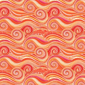 May include: Abstract pattern with swirling lines and circles in shades of orange, red, and yellow. The design resembles waves or water.