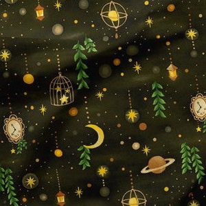 May include: Dark background fabric with a celestial pattern. The design includes yellow stars, moons, planets, hanging lanterns, birdcages, and clocks. Green leafy elements are also scattered throughout the design. The overall theme is a whimsical night sky.