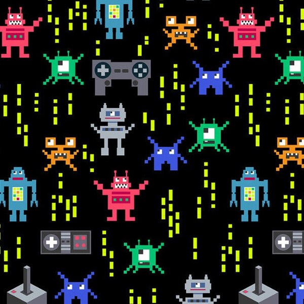 Pixelated Robots on Black from Timeless Treasures Fabric- You Choose Cut