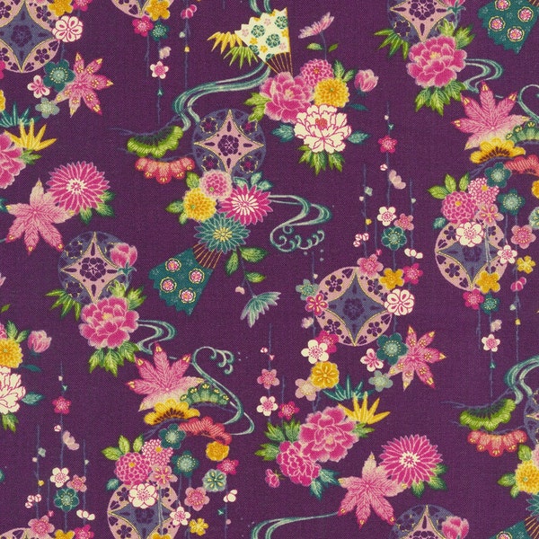 Asian Florals and Swirls in PURPLE by Sevenberry from the Kiku Collection for Robert Kaufman Fabric - 100% Cotton