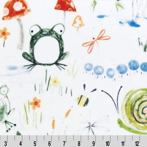 May include: White fabric with a repeating pattern of green frogs, blue caterpillars, orange dragonflies, yellow bees, and red and white mushrooms. The background is white with green grass and yellow flowers.
