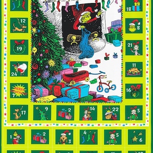 May include: A green and yellow Christmas advent calendar featuring the Grinch. Each day has a different illustration of the Grinch and his friends. The calendar has the text "Merry Christmas" and "The Grinch" on it.