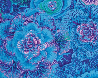 May include: A blue and purple floral fabric with a repeating pattern of cabbage roses. The fabric has a vintage feel and would be perfect for quilting, crafts, or home decor.