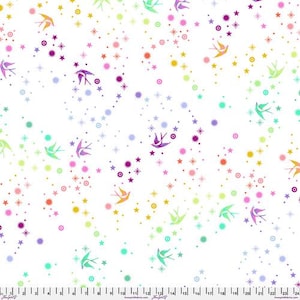 May include: White fabric with a repeating pattern of colorful birds and stars. The birds are flying in different directions and the stars are scattered throughout the fabric.
