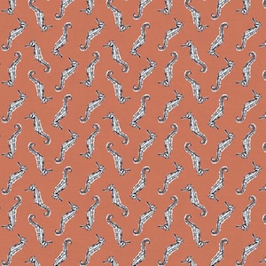 May include: A repeating pattern of white seahorse silhouettes on a solid orange background.