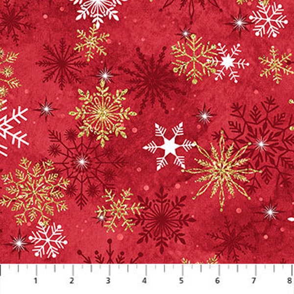 METALLIC Tossed Snowflakes in Red & Gold from Christmas Joy Collection by Northcott Fabrics - 100% High Quality Quilt Shop Cotton