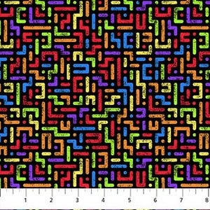 May include: A black background with a colorful geometric pattern. The pattern is made up of various shapes and lines in shades of red, orange, yellow, green, blue, purple, and pink.