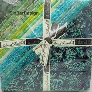 May include: A bundle of Island Batik fabric strips in shades of green and blue, tied with a ribbon that reads "Island Batik". The fabric is packaged in clear plastic, with the "CinBarDesign" logo visible.