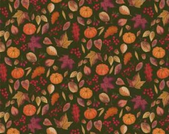 Manta con estampado de hojas y calabazas en verde oscuro de la minicolección Harvest de P&B Fabric - 100% algodón