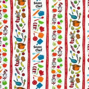 Kochen und Essen Streifen aus der Dr. Seuss Chef Collection von Robert Kaufman- Katze im Hut, grüne Eier & Ham, Thing 1 Thing 2- Sie wählen den Schnitt