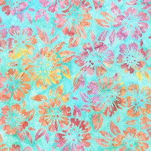 May include: A turquoise blue fabric with a floral pattern. The flowers are in shades of pink, orange, and yellow. The fabric has a batik style.