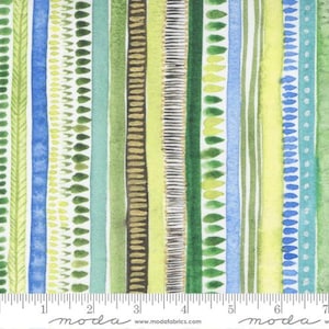 May include: A white fabric with a repeating pattern of colorful stripes. The stripes are made up of different textures and patterns, including dots, dashes, and leaves. The fabric is perfect for quilting, sewing, and crafting.