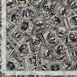 May include: A fabric pattern featuring a collage of motorcycle-themed designs. The design includes skull illustrations, motorcycle helmets, and vintage-style signs with text like "Custom," "Freedom," and "Motorcycle." The color palette is primarily gray, black, and white.