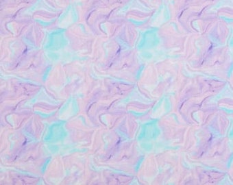 May include: Abstract fabric with a swirling pattern in shades of light blue, purple, and white.