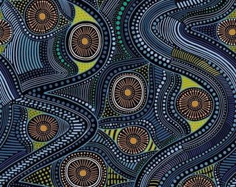 Aboriginal Print in Blue from Walkabout Collection by Paintbrush Studio Fabric- 100% Quilt Shop Cotton