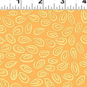 May include: A yellow fabric with a repeating pattern of light yellow swirls. The swirls are randomly placed and are a slightly lighter shade of yellow than the background.