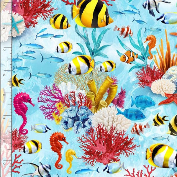 NEW FABRIC- Swimming Sea Life from Ocean Aquarium Collection by Timeless Treasures- 100% High Quality Cotton