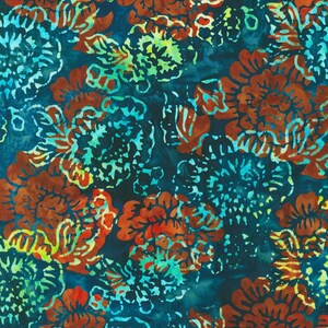 May include: A fabric with a floral pattern in shades of teal, rust, and chartreuse. The design features large, stylized flowers with intricate details against a dark teal background. The overall effect is a vibrant and textured textile.