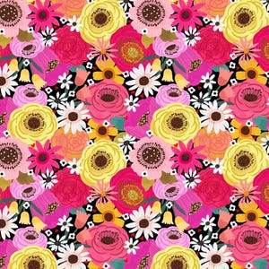 Peut inclure: Un motif sans couture composé de différentes fleurs colorées sur un fond noir. Les fleurs sont dans des tons de rose, jaune, orange et blanc. Le motif est parfait pour une utilisation dans les tissus, les papiers peints ou d'autres applications décoratives.