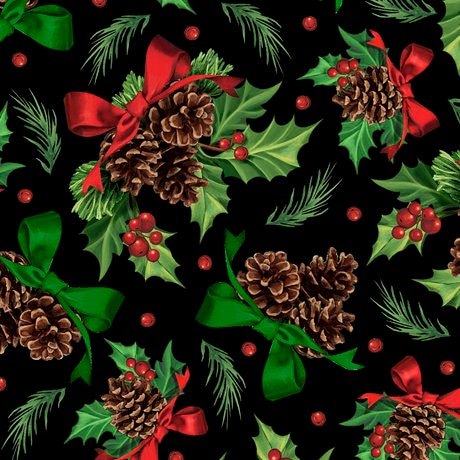 Winter Greetings Holly and Pine Pinecone Christmas Black Cotton Fabric