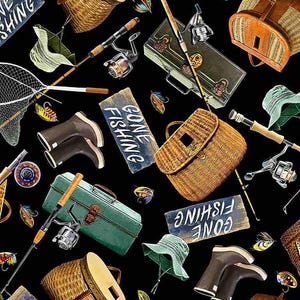 Fishing Gear Enjoy the Day Cabin Rules Collection from Timeless Treasures 100% Quilt Shop Cotton