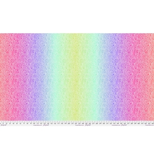 May include: A colourful fabric featuring a gradient from pink to purple, then green and yellow. The material is adorned with a delicate, swirling white pattern. A ruler is at the bottom of the fabric.