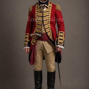 May include: A red military-style coat with gold trim, epaulets, and navy blue cuffs, worn with beige breeches, a dark red sash, a black tricorne hat, and black leather boots. A metallic gorget hangs at the neck, and a sword is held at the side.