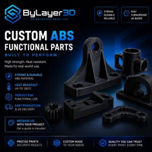 May include: A selection of black 3D-printed ABS functional parts, such as brackets and gears. The image includes the text "CUSTOM ABS FUNCTIONAL PARTS" and emphasizes the material's durability and heat resistance up to 100°C.